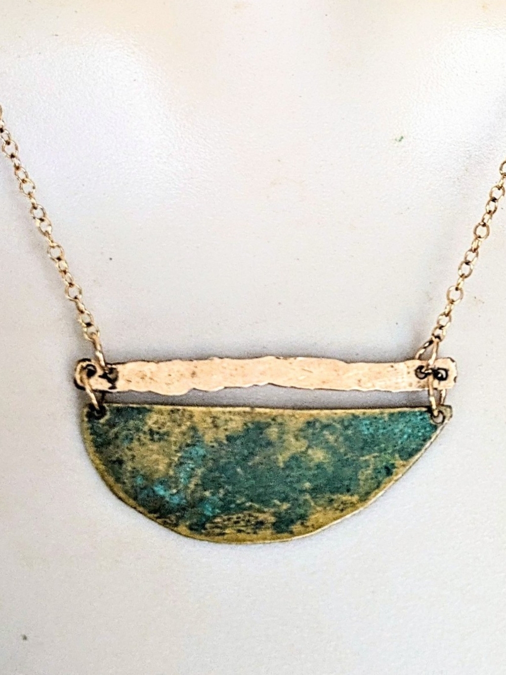 Beautiful 14k Gold Filled Artisan Modernist Necklace w/Green Patina By Lady Fine